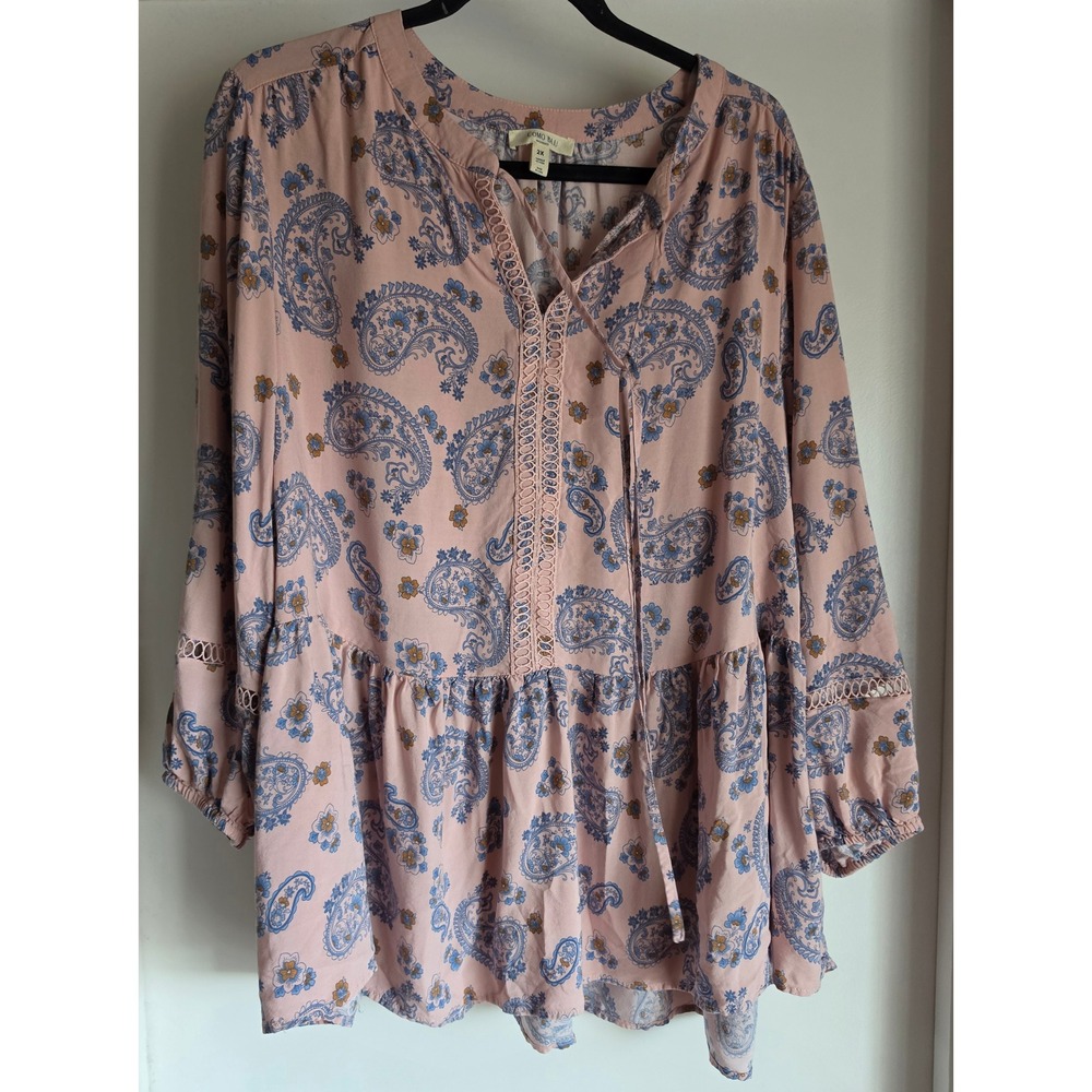 Como Blu Womens 2X Pink Paisley Peplum Tunic Top Ladder Lace Crochet Boho Blouse